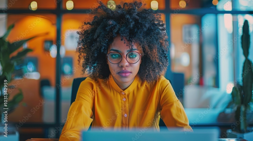 Poster Focused office worker engaged in tasks at a modern corporate workspace during a busy day