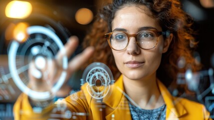 An office worker at a tech startup interacts with futuristic interface technology during a creative brainstorming session