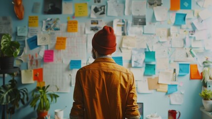 An office worker at a creative agency observes colorful notes and ideas on the wall during a brainstorming session in a vibrant workspace