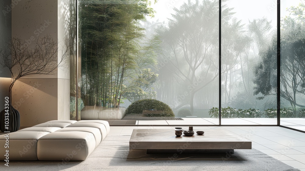 Poster a living room with a large window and a vase on a table. the room has a modern and minimalist design
