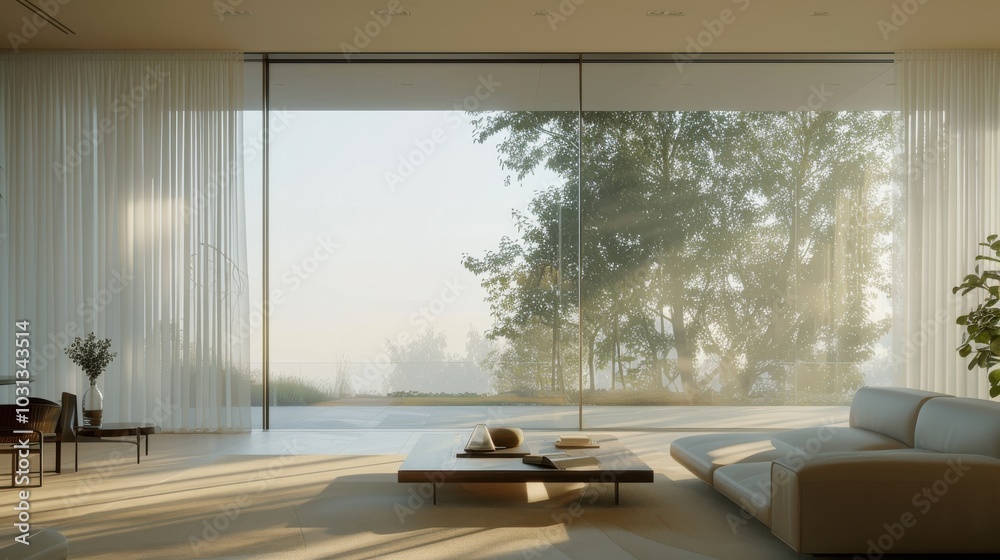 Poster a living room with a large window and a white couch. the room is bright and airy, with a view of tre