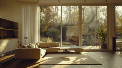 Fototapeta premium A large living room with a white couch and a white rug. The room is filled with natural light and has a cozy atmosphere
