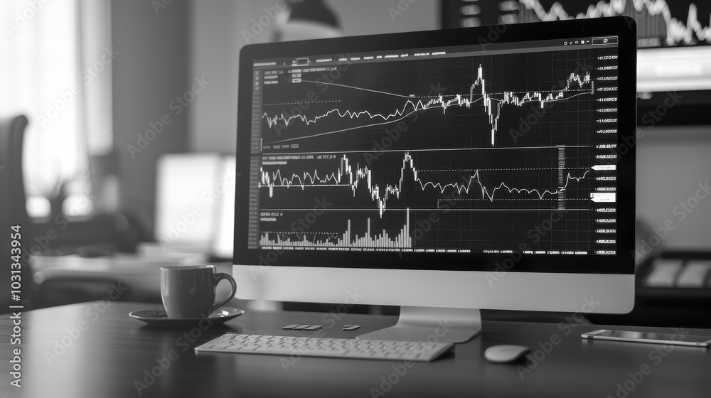 Aufkleber minimalist line art depiction of a modern stock trading screen highlighting market analysis in a cle