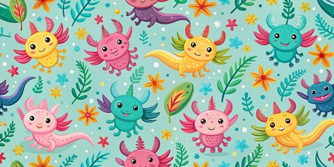 Cute Cartoon Axolotls Seamless Pattern for Happy Designs - Adorable Animal Backgrounds
