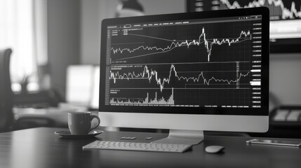 Minimalist line art depiction of a modern stock trading screen highlighting market analysis in a clean and trustworthy workspace setting
