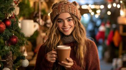 Cozy winter vibes with a festive model in a knitted outfit enjoying hot drink