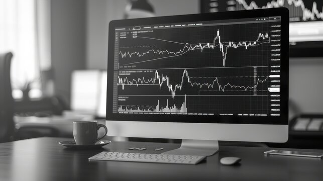 Minimalist line art depiction of a modern stock trading screen highlighting market analysis in a clean and trustworthy workspace setting