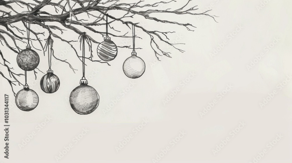 Poster a minimalist drawing of holiday ornaments hanging from a delicate tree branch, capturing the essence
