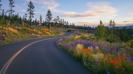 Obraz premium A winding asphalt road curves through a colorful wildflower meadow with houses in the distance at sunset.