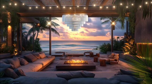 Luxury beachside lounge with firepit and ocean view at sunset. Seamless loop video background