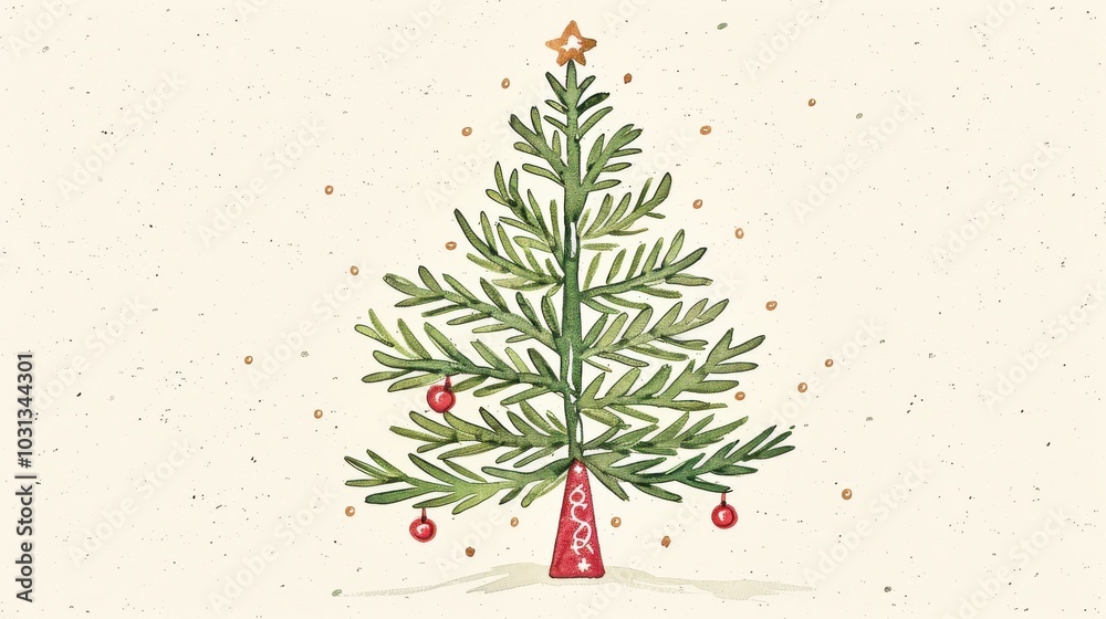 Poster a minimalist holiday card design featuring a simple christmas tree with ornaments and a star on top 
