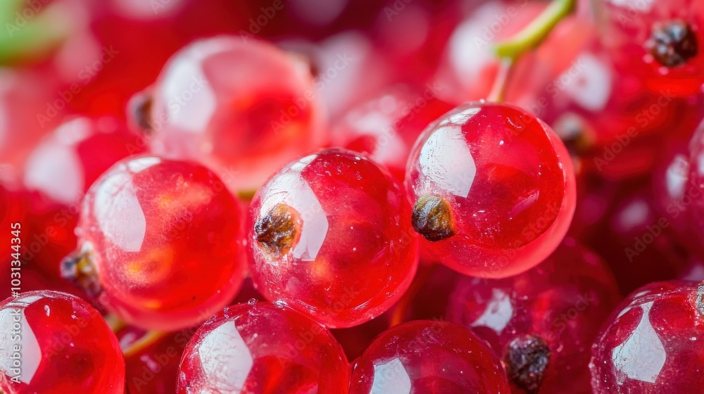 Poster close-up view of vibrant wild currants highlighting their bright red hue and translucent texture in 