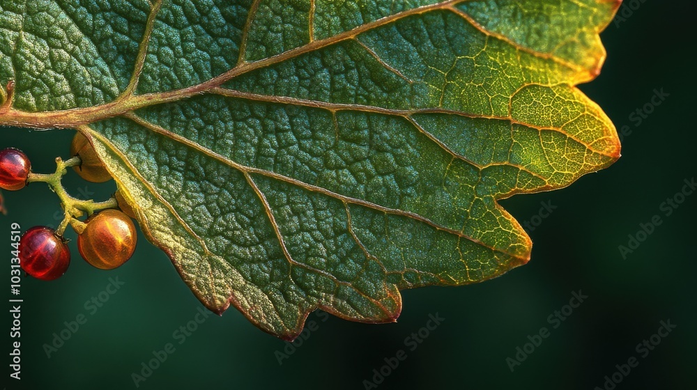 Poster detailed macro shot of a vibrant wild currant leaf showcasing intricate veins and colorful berries i
