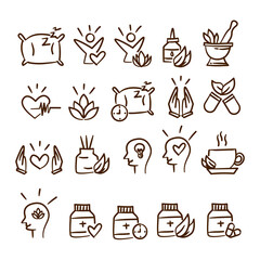 Wellness and healthy lifestyle hand drawn line icon set collection . Doodle illustration icon including spa, mental health, therapy,  healthcare, fitness, massage, yoga, relaxation, suplements.