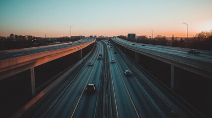 A long shot of a highway with cars driving on it during sunset.