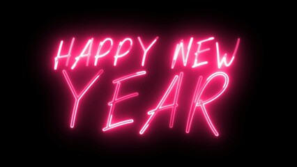 Happy New Year neon sign. Happy New Year text font with light. Luminous and shimmering haze inside the letters of the text Happy New Year. Christmas concept.