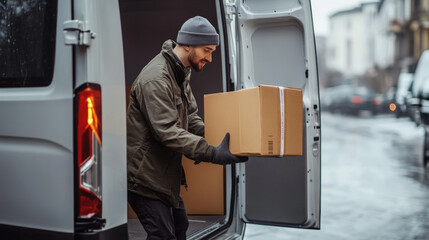 Logistics worker unloading package from van on rainy day for delivery service