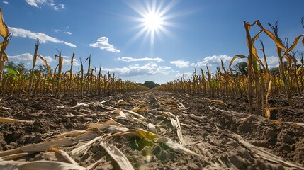 a field of dying crops under an intense sun, symbolizing the effect of climate change on global agriculture and food security