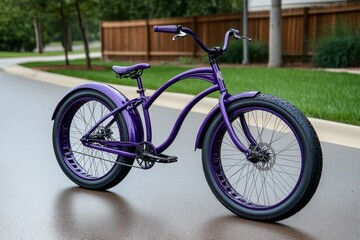 Fototapeta premium Vintage bicycle painted in deep purple, parked along a quiet street
