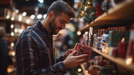 Man choosing holiday gifts in a festive store setting