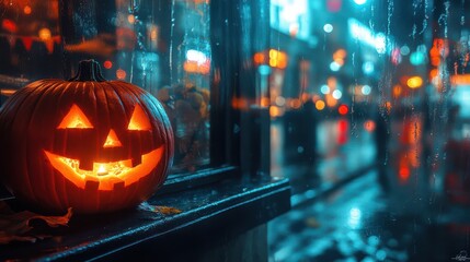 Obraz premium Jack-o'-lantern in a Rainy City Window.