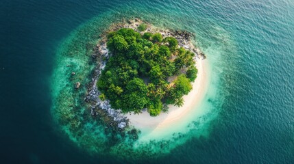 Aerial view of a tropical island with a sandy beach and lush vegetation.