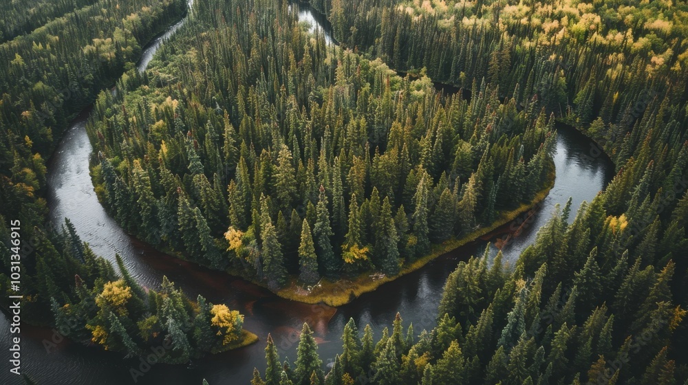 Poster a river with trees on both sides. the trees are green and the water is brown. the river is winding a
