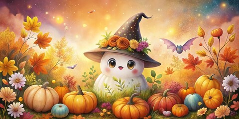 Fototapeta premium Cute Ghost in Witch Hat Surrounded by Autumn Flowers and Pumpkins - Spooky Halloween Illustration
