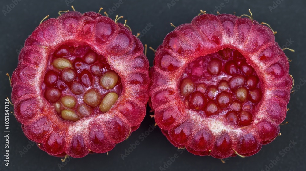Poster two red raspberries with seeds visible
