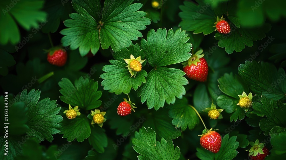 Poster a close up of a bunch of green leaves with red strawberries on them