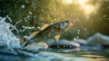 Dynamic fish leaping from river with water droplets, wildlife nature scene in vibrant golden light, Ideal for Website Banners, App Designs, and Advertising Backgrounds