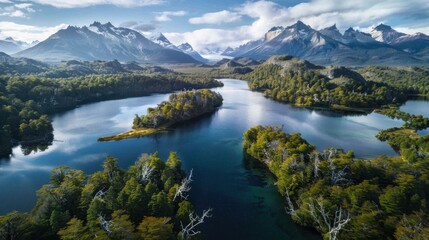 Aerial view of Patagonia's vibrant forests and crystal-clear lakes beneath towering mountains
