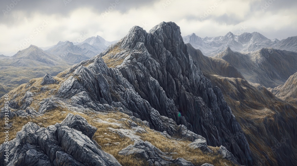 Aufkleber a mountain range with a large rock on top. the mountain is covered in snow and the sky is cloudy