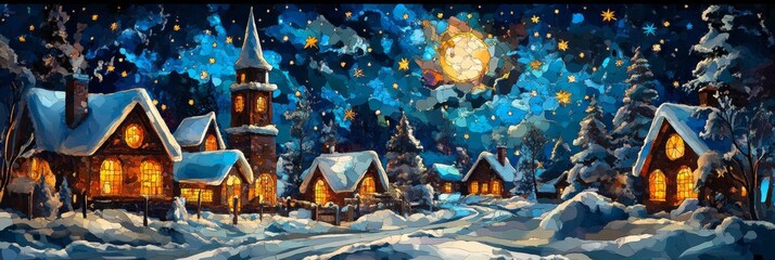 A serene winter landscape featuring snow-covered homes, twinkling stars, and a glowing moon, creating a cozy holiday atmosphere.