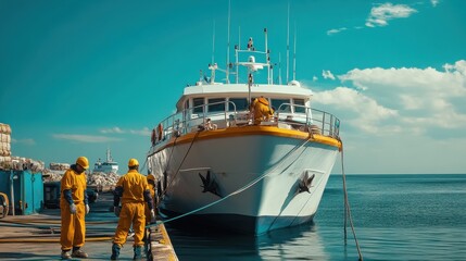 A large boat is docked at a pier with two men in yellow suits standing next to it