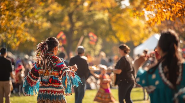 People celebrating Columbus Day festival in a park with food, music, and cultural dances enjoying a vibrant autumn atmosphere