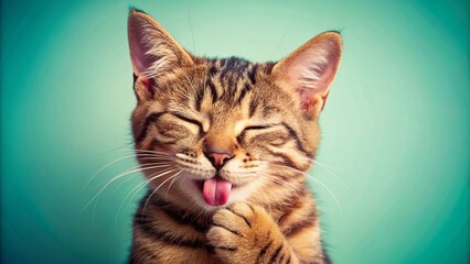 Obraz premium Cute Happy Cat with Paw Licking in Aerial View for Motivational and Funny Backgrounds