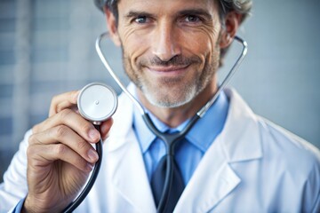 Smiling Caucasian doctor with stethoscope holding medical equipment