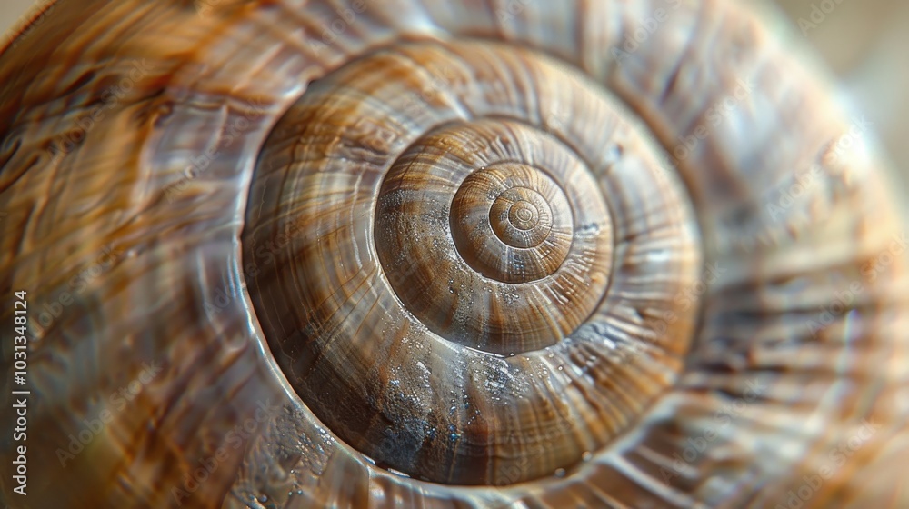 Poster A spiral shell with a brown and tan color. The shell is very detailed and has a lot of texture