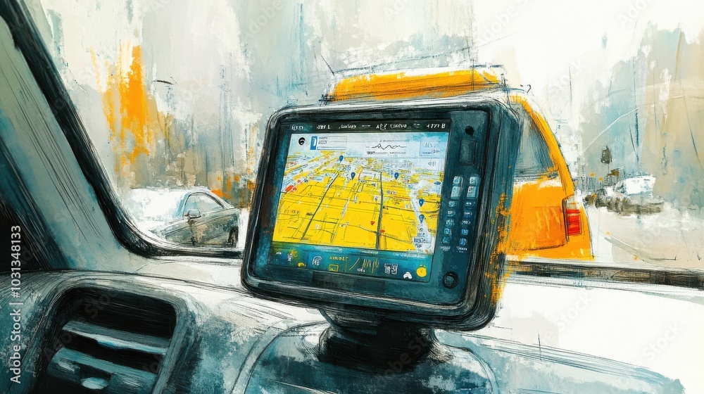 Poster a yellow taxi cab with a gps device mounted on the dashboard