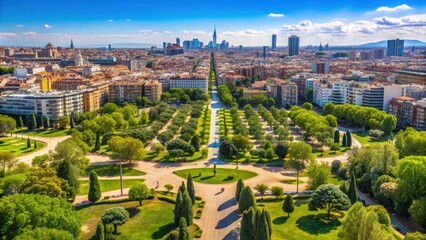 Aerial view of the Madrid skyline from Tio Pio Park on a sunny day, Madrid, Spain, skyline