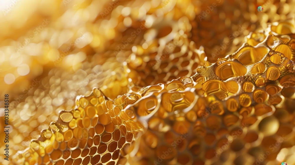 Poster a close up of a honeycomb with many small holes. the honeycomb is made of gold and has a shiny, almo