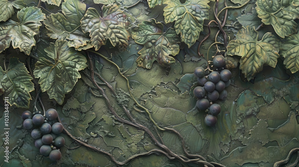 Poster A painting of grapes and vines with a green background. The grapes are small and clustered together. The painting has a peaceful and calming mood