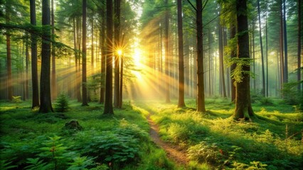 Obraz premium Serene sunrise in a lush forest , nature, beauty, peaceful, trees, sunlight, tranquility, calm, peaceful, morning