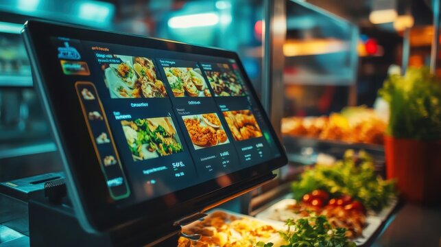 A digital menu board displays a variety of food options, including salads