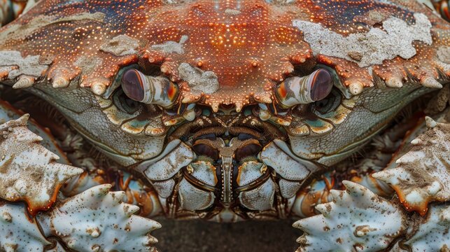 A crab with a white face and red claws. The crab has a menacing look on its face