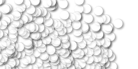 Abstract white geometric overlapping circle background with shadow. Random shifted white circle background wallpaper banner pattern.  Fabric sequins in white color. 