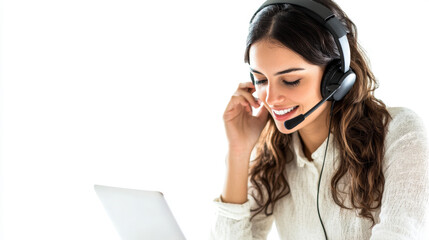 Professional call center agent taking notes with headset for customer service and communication