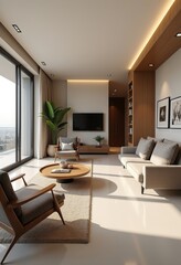 Fototapeta premium Chic Italian Living Room Design: Minimalist Approach with Clean Lines, Natural Tones, and Bright Spaces for a Contemporary Look 