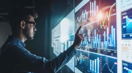 A man is pointing at a computer screen with a lot of graphs and numbers. He is wearing glasses and he is focused on the data. Concept of importance and concentration